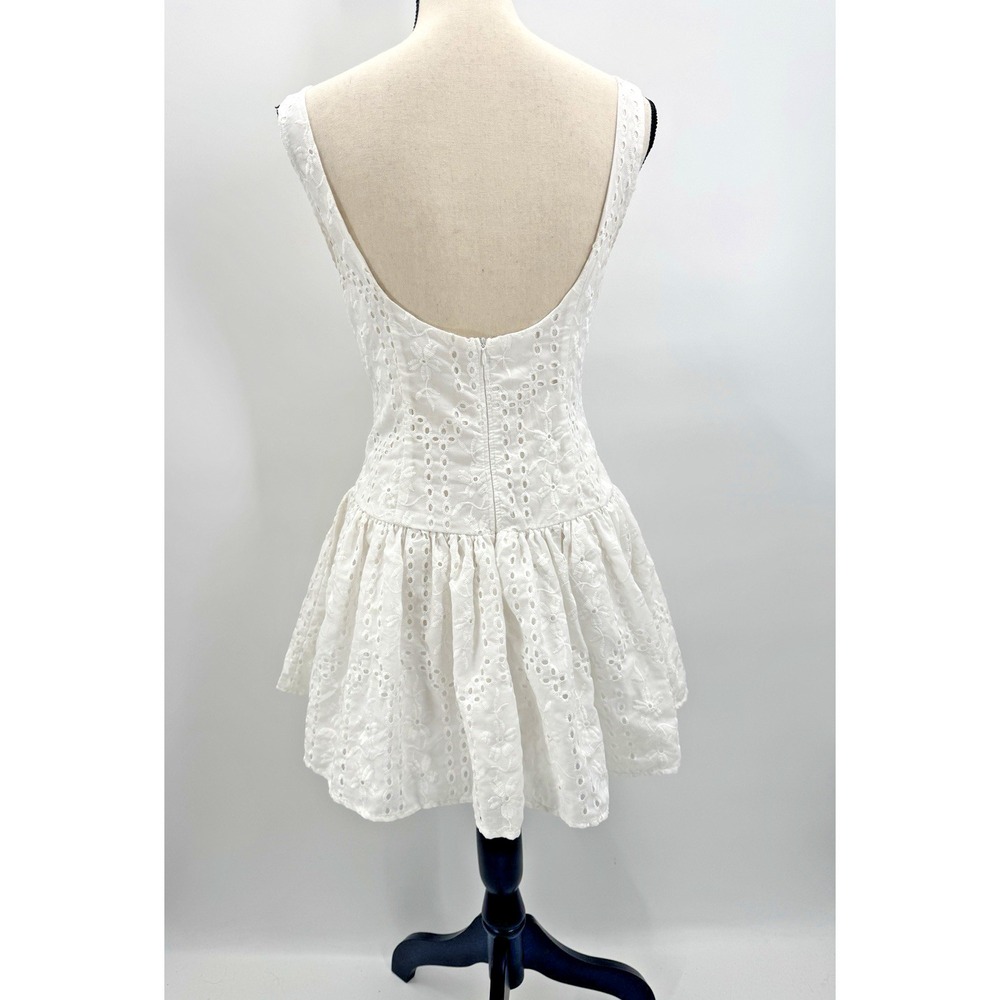 Eyelet Lace Drop Waist Mini Dress Large Open Back Button Front High Neck Cottage - Picture 4 of 11